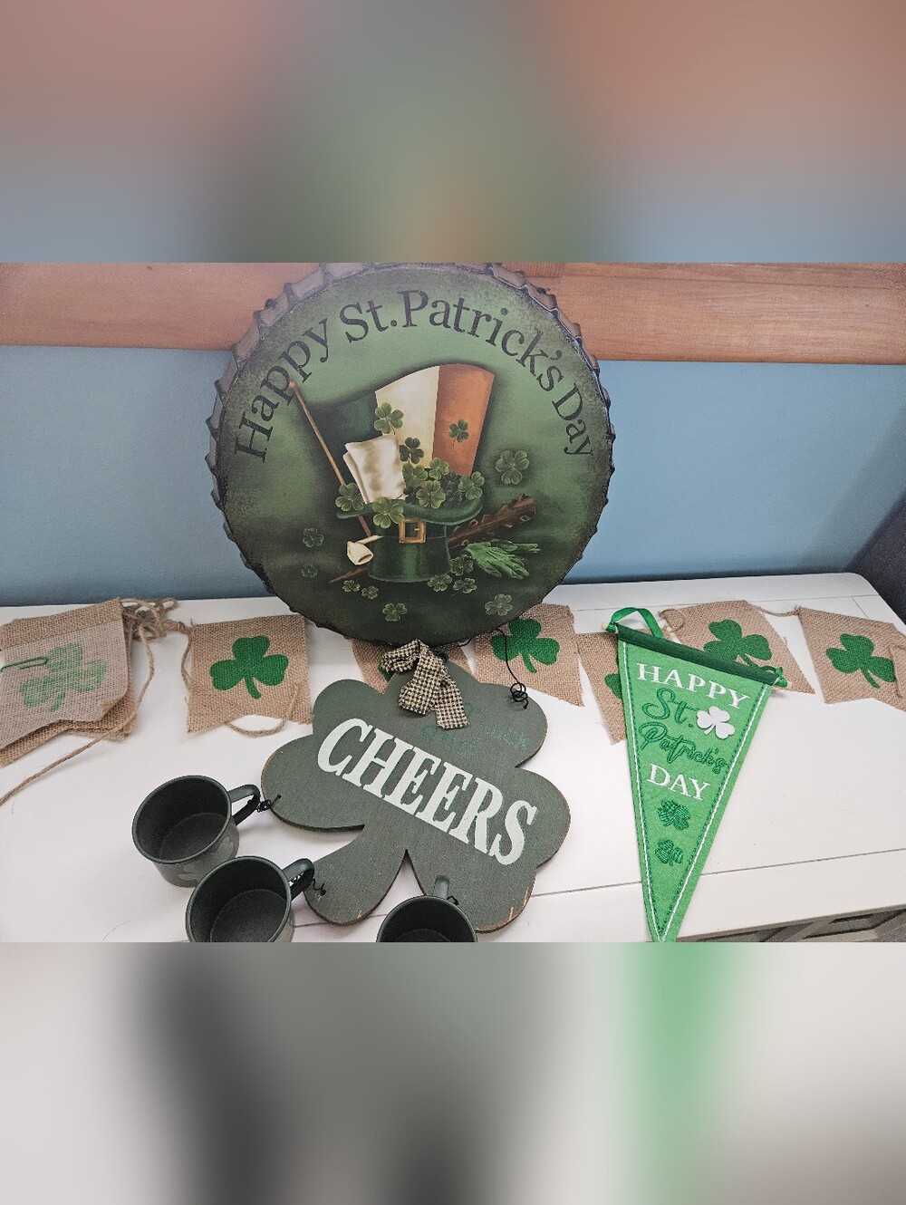 St. Patrick's Day Green 'Cheers' Shamrock Wooden Plaque - Home Decor Bundle